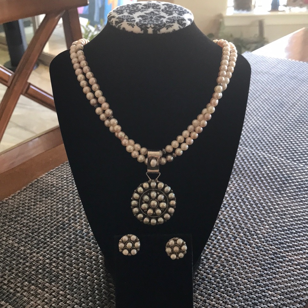 Zuni sterling silver pearl necklace and earrings